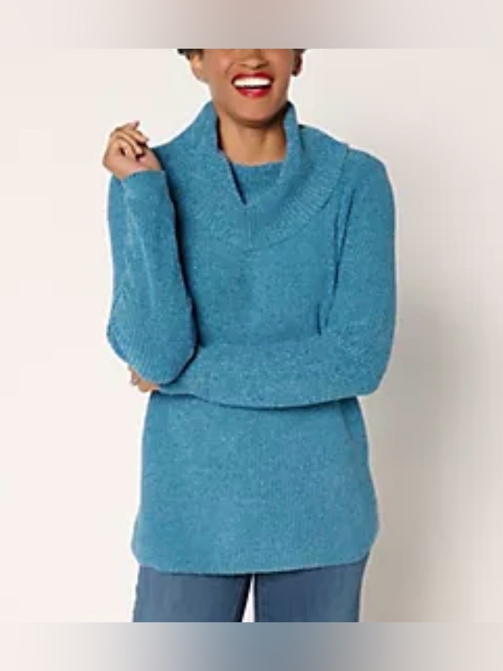 Belle by Kim Gravel Chenille Shaker Knit Cowl Neck Sweater Blue Medium NWOT